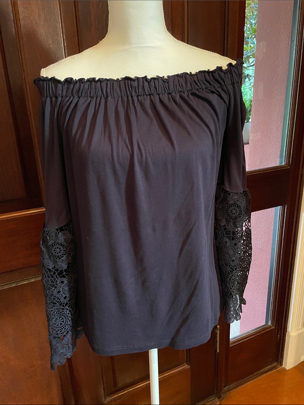 LOFT Black Off-Shoulder Top with Crochet Bell Sleeves